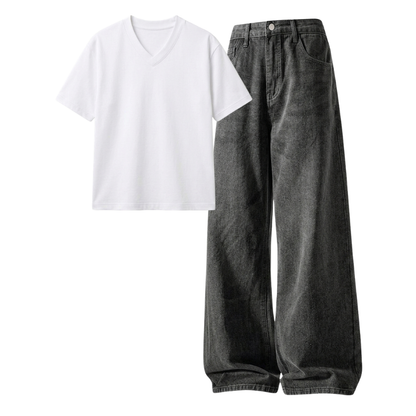 Acid Ash Wide-Leg Baggy Jeans With V-Neck T-Shirt