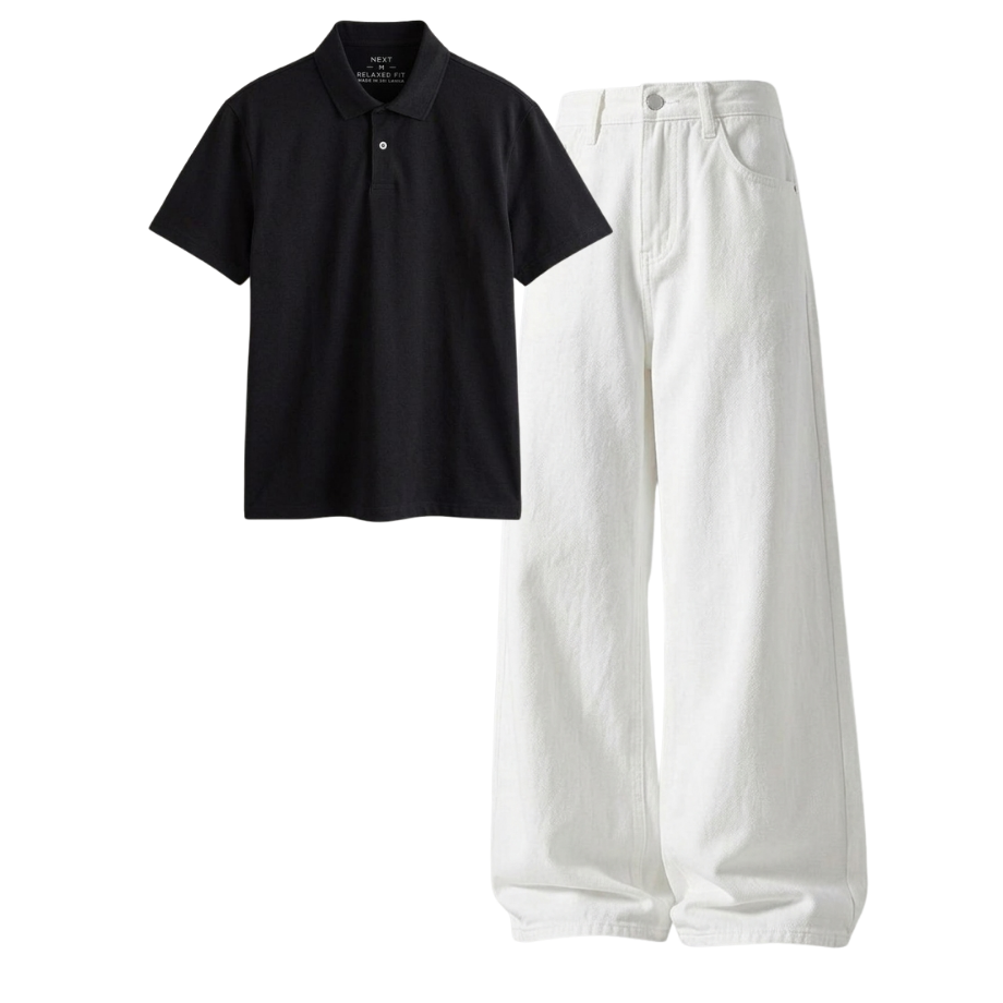 White Wide-Leg Baggy Jeans With Polo