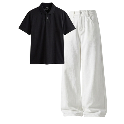 White Wide-Leg Baggy Jeans With Polo