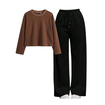 Black Wide-Leg Trouser With Crop Full Sleeves T-Shirt