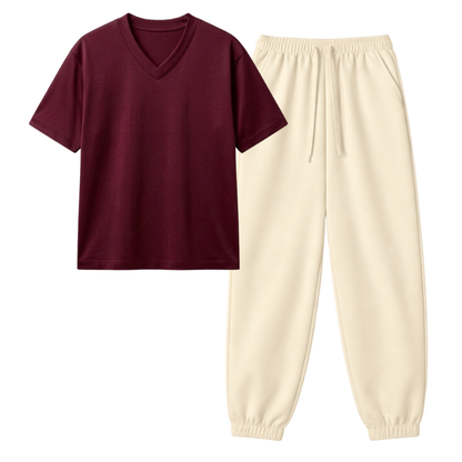 Cream Sweatpant With V-Neck T-Shirt