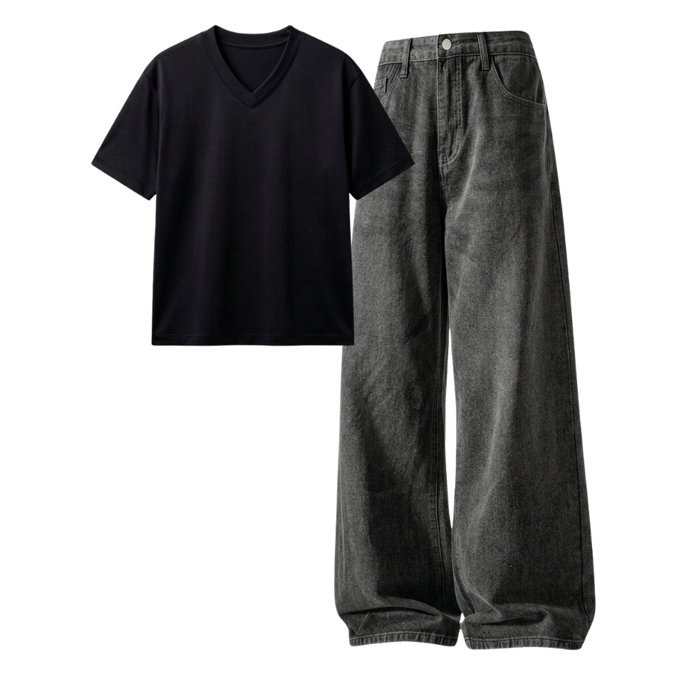 Acid Ash Wide-Leg Baggy Jeans With V-Neck T-Shirt