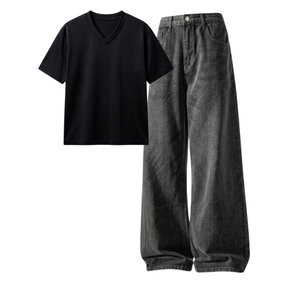 Acid Ash Wide-Leg Baggy Jeans With V-Neck T-Shirt