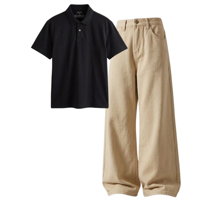 Beige Wide-Leg Baggy Jeans With Polo