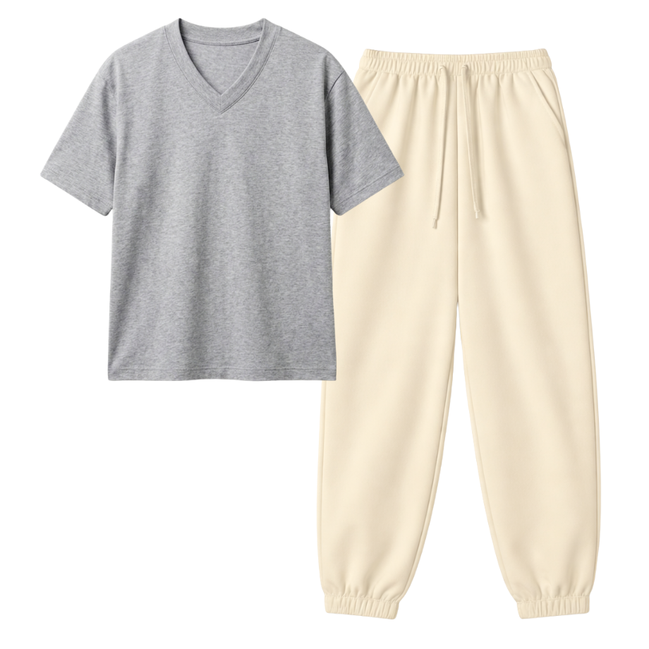 Cream Sweatpant With V-Neck T-Shirt