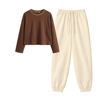 Cream Sweatpant With Crop Full Sleeves T-Shirt