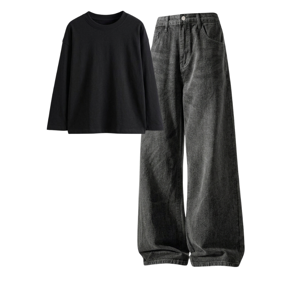 Acid Ash Wide-Leg Baggy Jeans With Full Sleeves T-Shirt