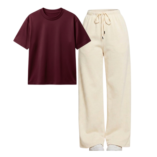 Beige Wide-Leg Trouser With Regular T-Shirt