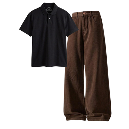 Brown Wide-Leg Baggy Jeans With Polo