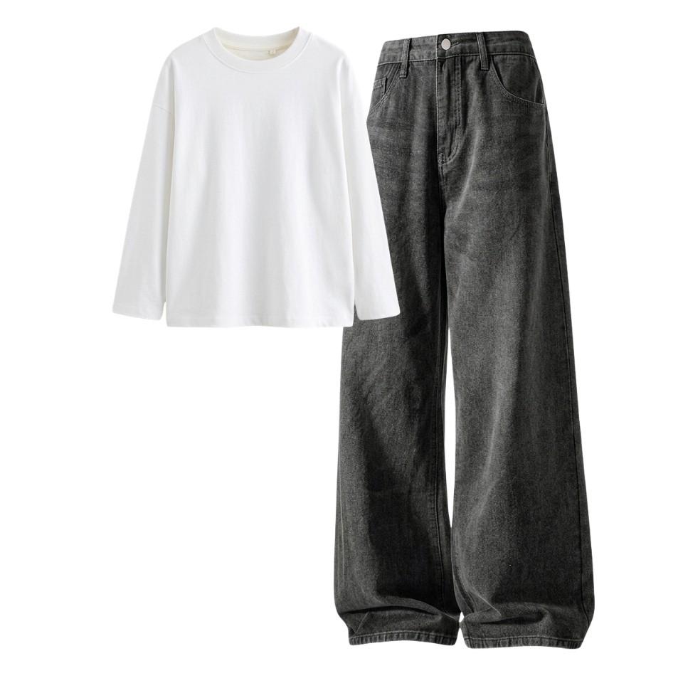 Acid Ash Wide-Leg Baggy Jeans With Full Sleeves T-Shirt