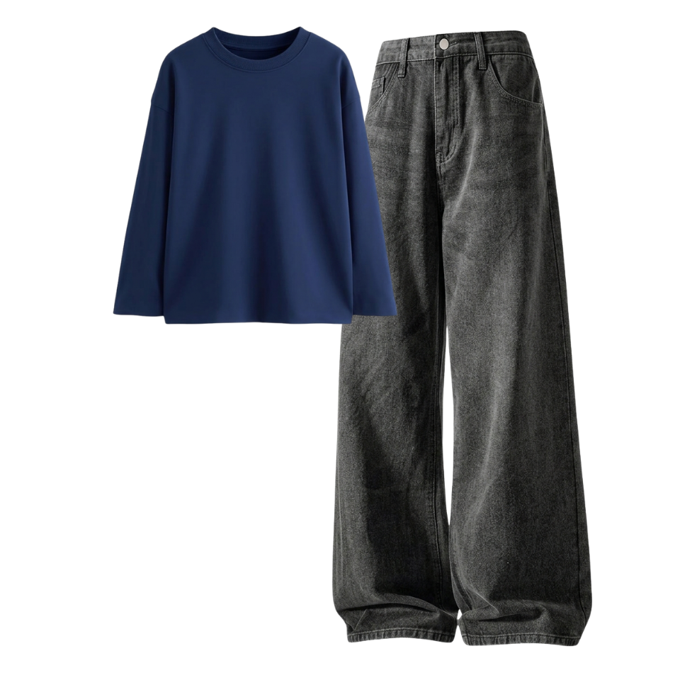 Acid Ash Wide-Leg Baggy Jeans With Full Sleeves T-Shirt