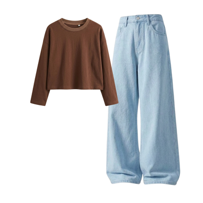 Iceblue Wide-Leg Baggy Jeans With Crop Full Sleeves T-Shirt