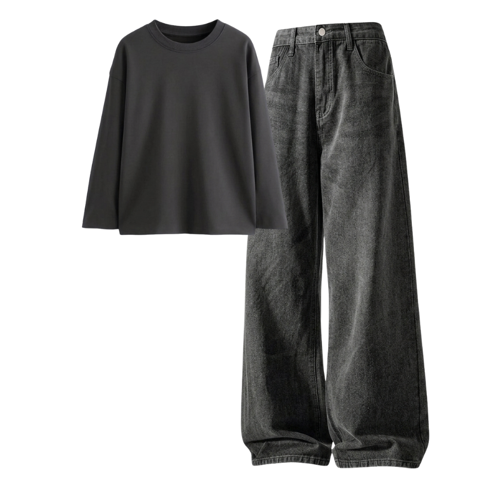 Acid Ash Wide-Leg Baggy Jeans With Full Sleeves T-Shirt