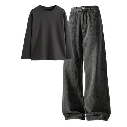 Acid Ash Wide-Leg Baggy Jeans With Full Sleeves T-Shirt