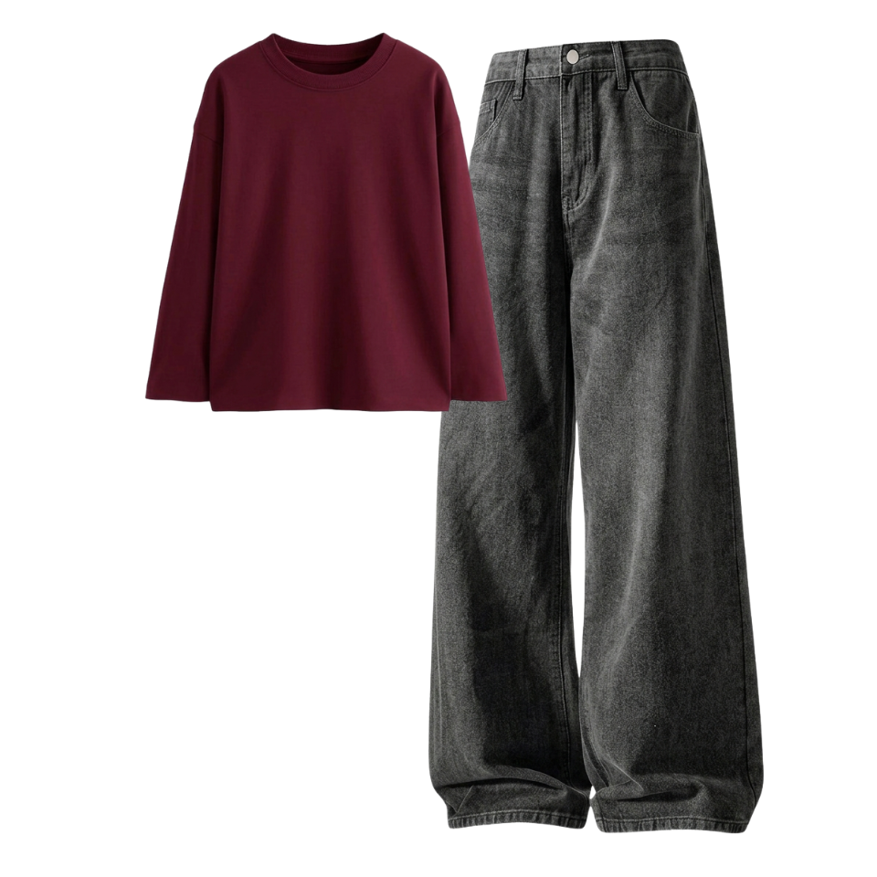 Acid Ash Wide-Leg Baggy Jeans With Full Sleeves T-Shirt