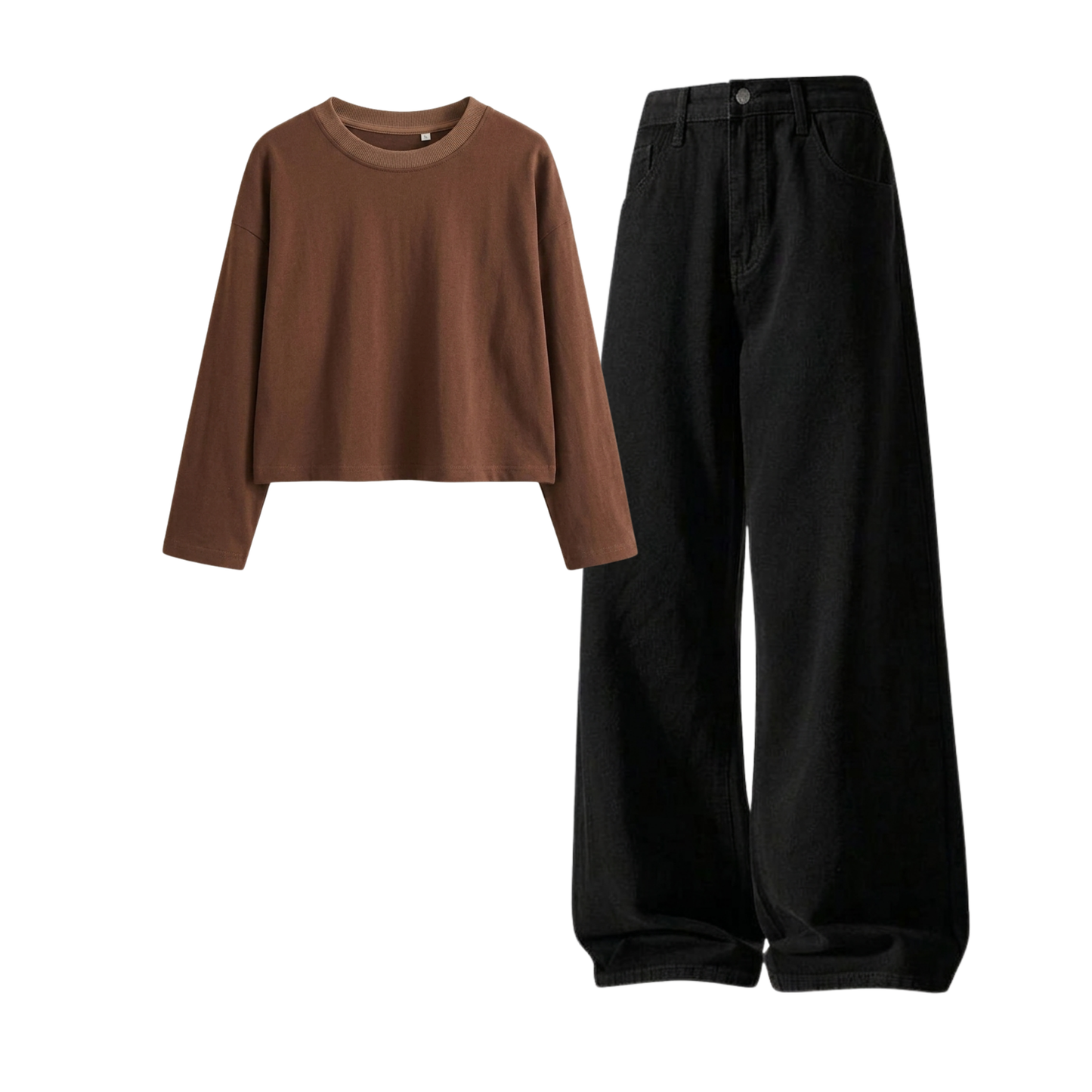 Black Wide-Leg Baggy Jeans With Crop Full Sleeves T-Shirt