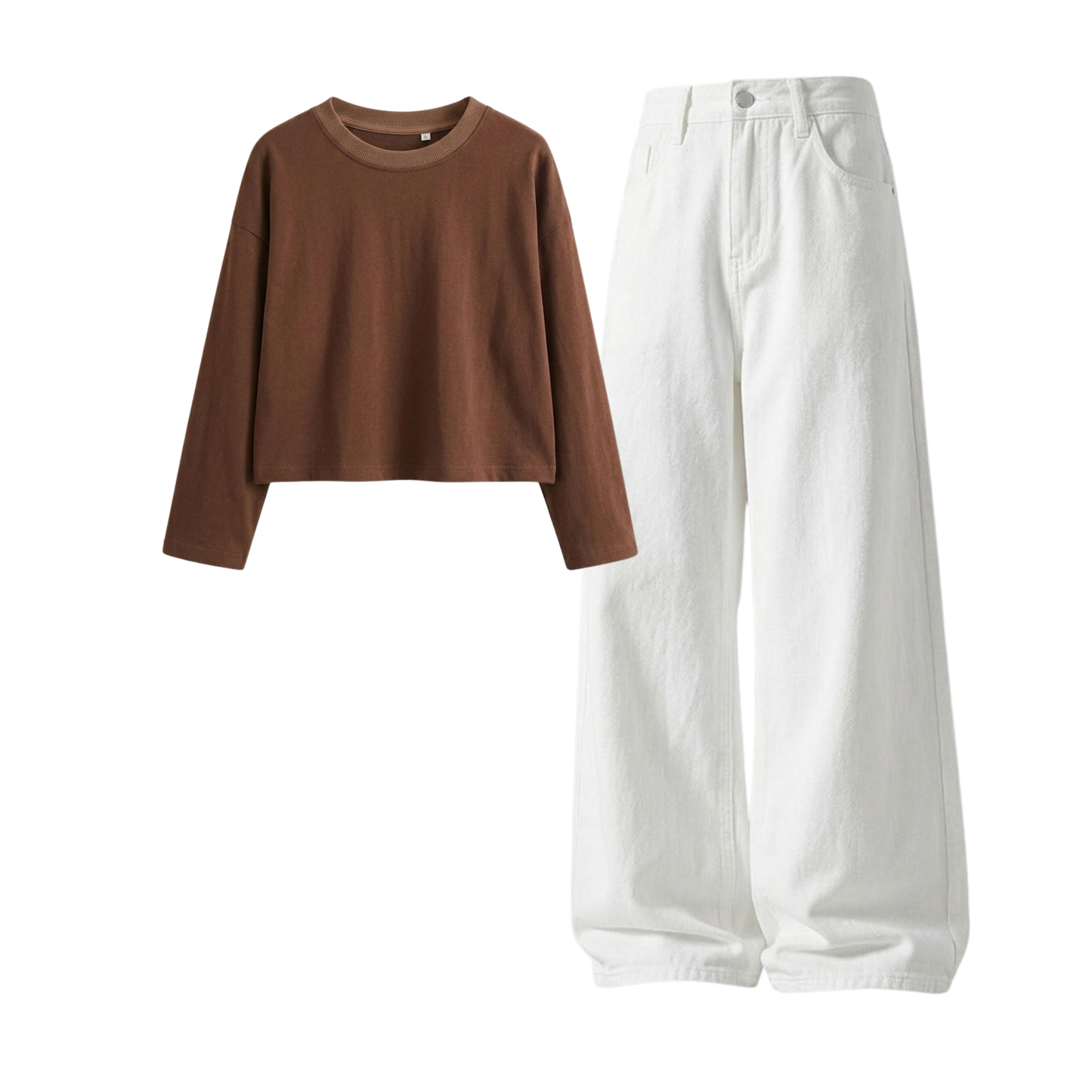 White Wide-Leg Baggy Jeans With Crop Full Sleeves T-Shirt