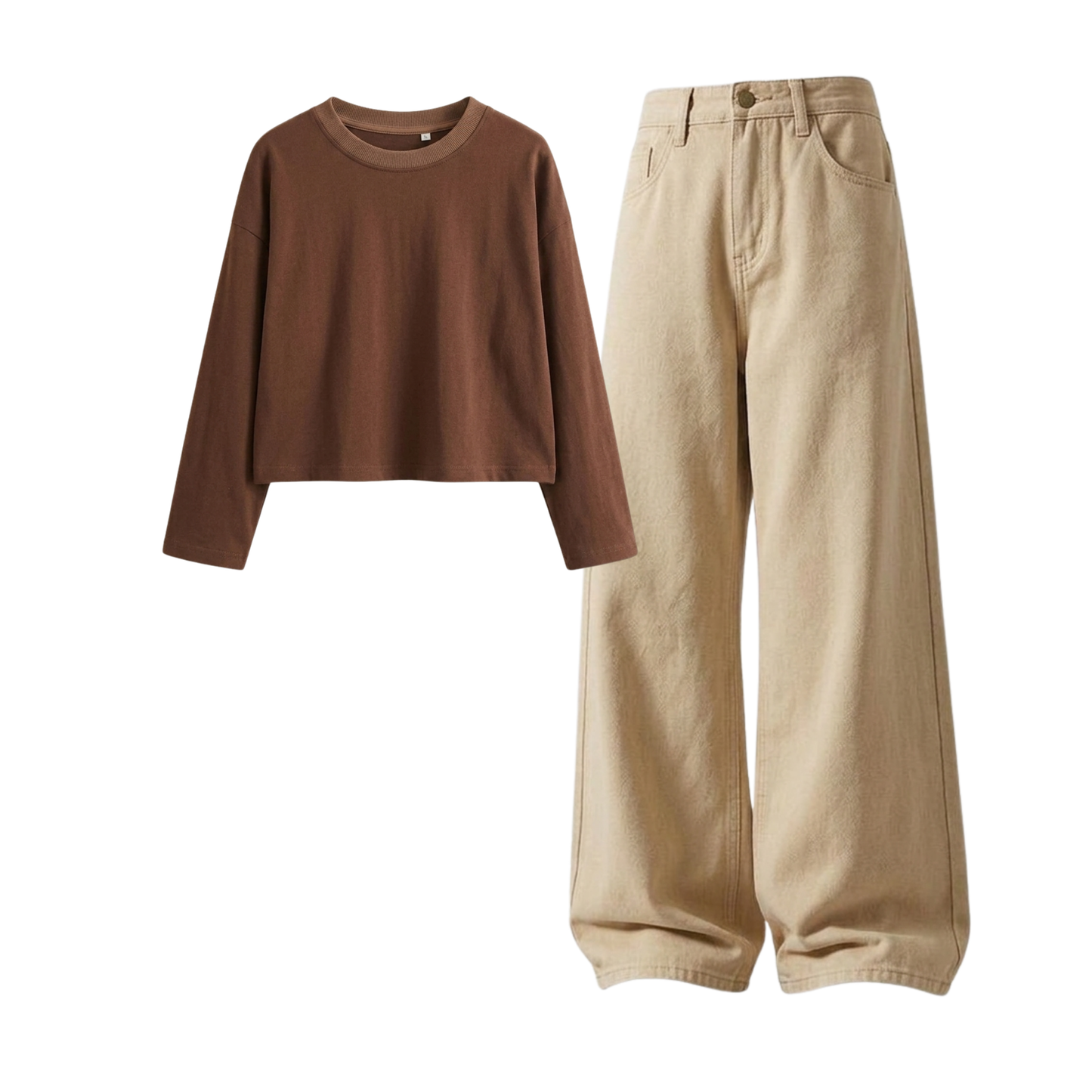 Beige Wide-Leg Baggy Jeans With Crop Full Sleeves T-Shirt