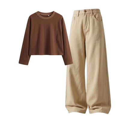 Beige Wide-Leg Baggy Jeans With Crop Full Sleeves T-Shirt