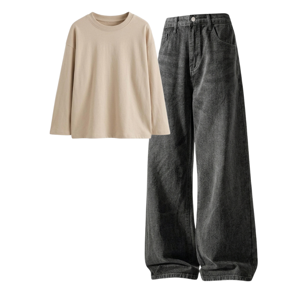 Acid Ash Wide-Leg Baggy Jeans With Full Sleeves T-Shirt