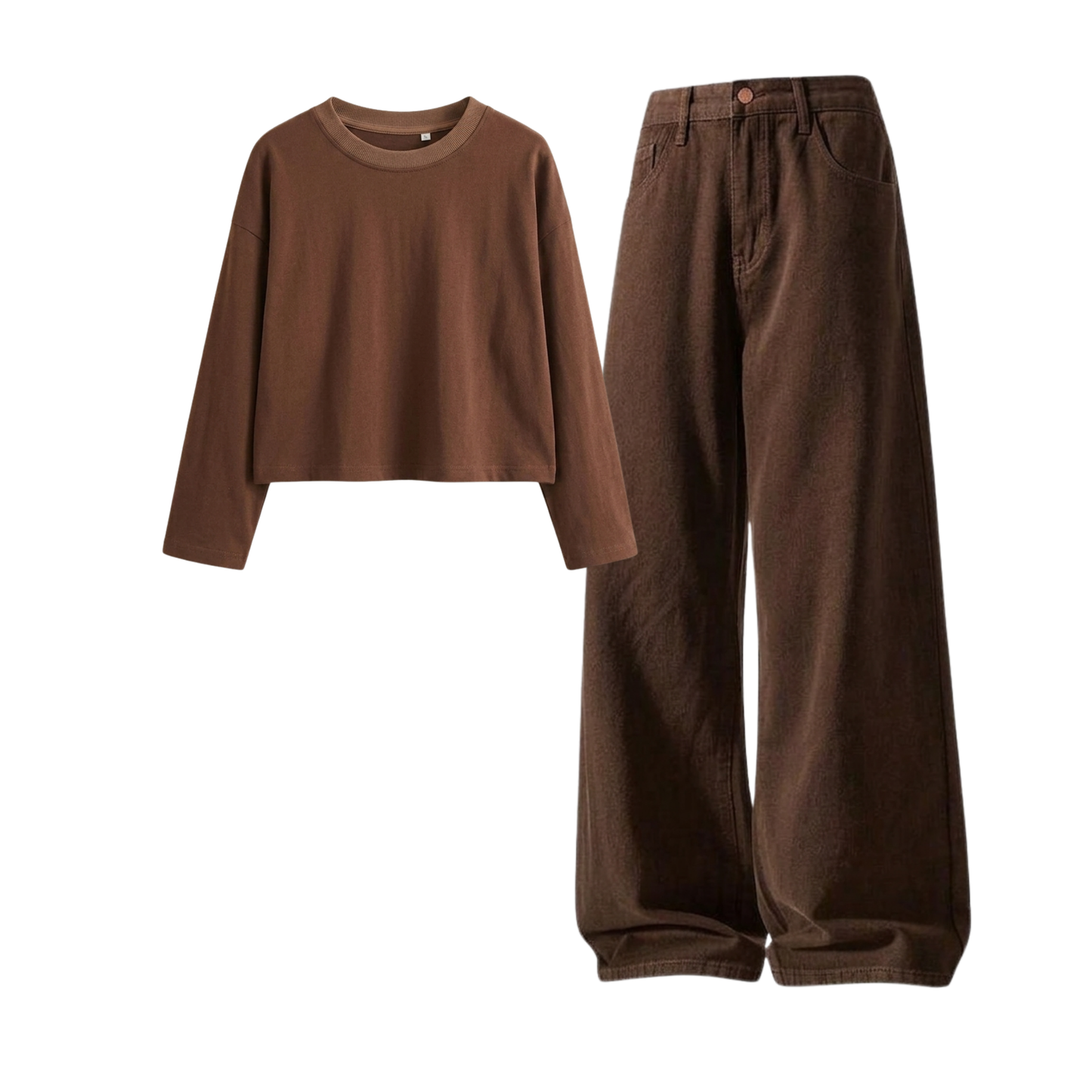 Brown Wide-Leg Baggy Jeans With Crop Full Sleeves T-Shirt