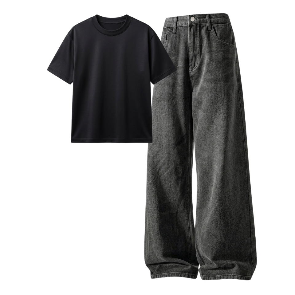 Acid Ash Wide-Leg Baggy Jeans With Regular T-Shirt