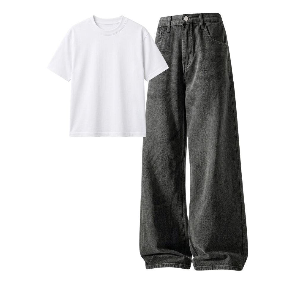 Acid Ash Wide-Leg Baggy Jeans With Regular T-Shirt