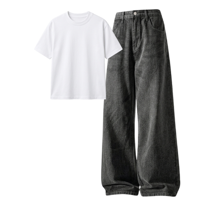 Acid Ash Wide-Leg Baggy Jeans With Regular T-Shirt
