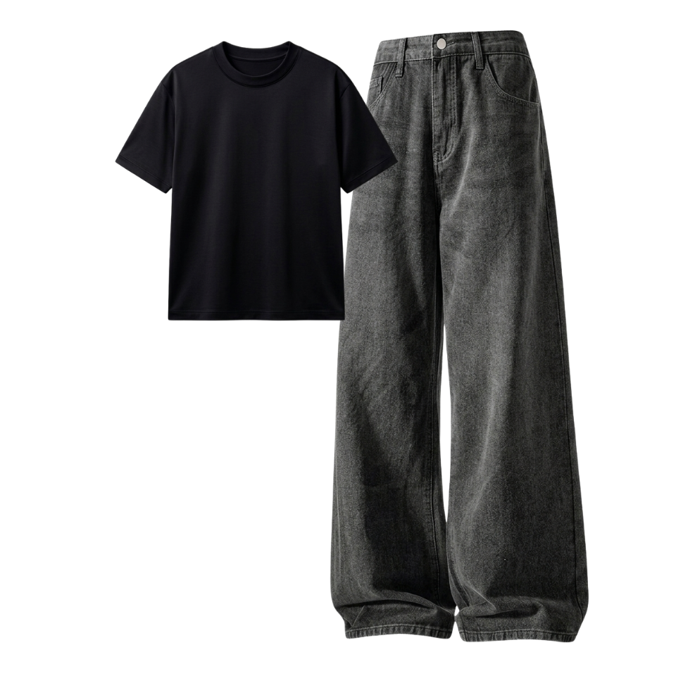 Acid Ash Wide-Leg Baggy Jeans With Regular T-Shirt