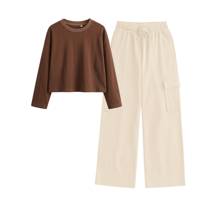 Cream Wide-Leg Cargo With Crop Full Sleeves T-Shirt