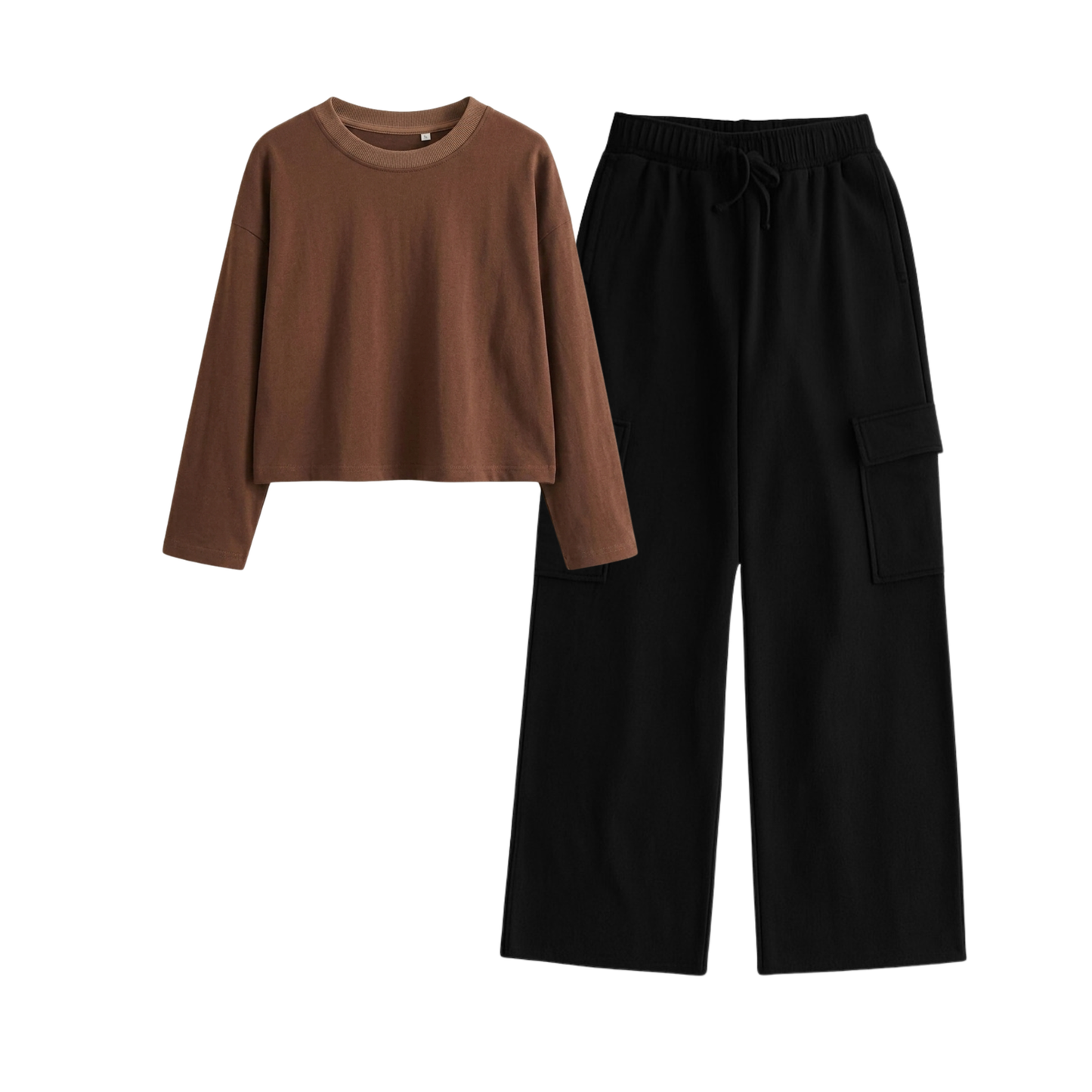 Black Wide-Leg Cargo With Crop Full Sleeves T-Shirt