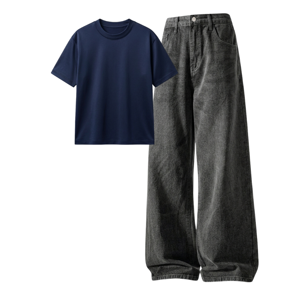Acid Ash Wide-Leg Baggy Jeans With Regular T-Shirt