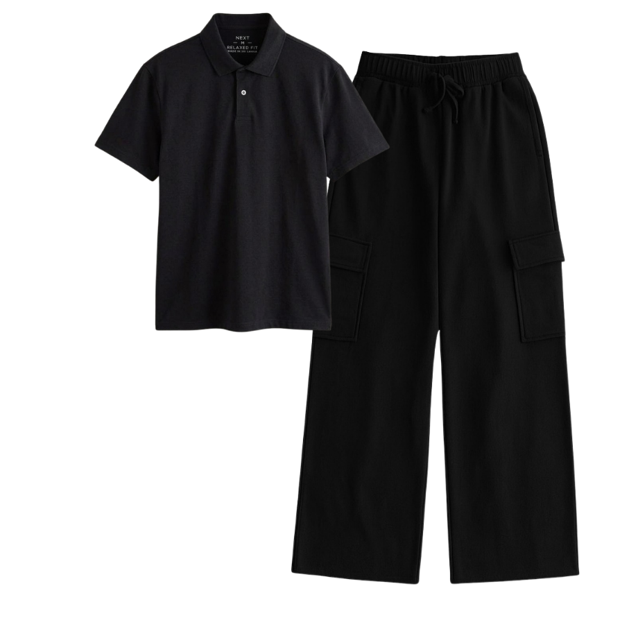 Black Wide-Leg Cargo With Polo
