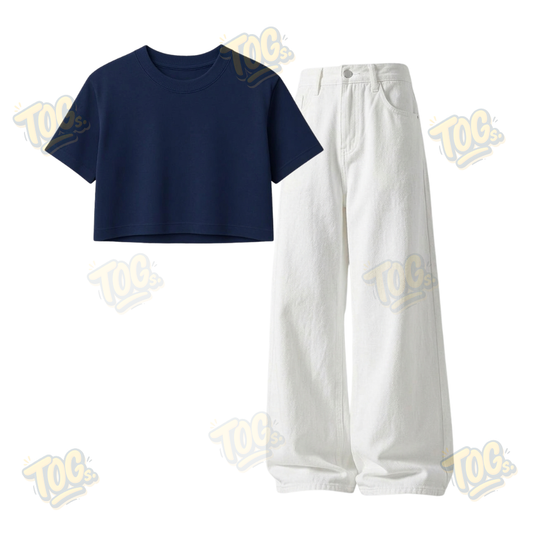 White Wide-Leg Baggy Jeans With Crop T-Shirt
