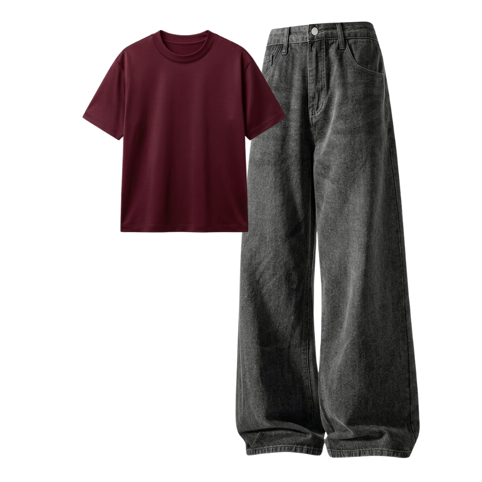 Acid Ash Wide-Leg Baggy Jeans With Regular T-Shirt