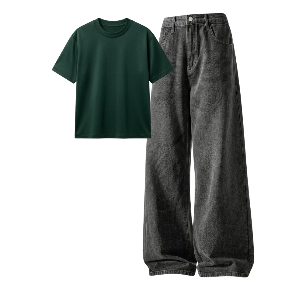 Acid Ash Wide-Leg Baggy Jeans With Regular T-Shirt
