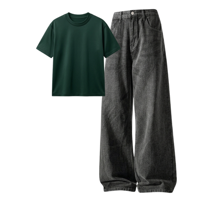 Acid Ash Wide-Leg Baggy Jeans With Regular T-Shirt