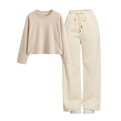 Beige Wide-Leg Trouser With Crop Full Sleeves T-Shirt