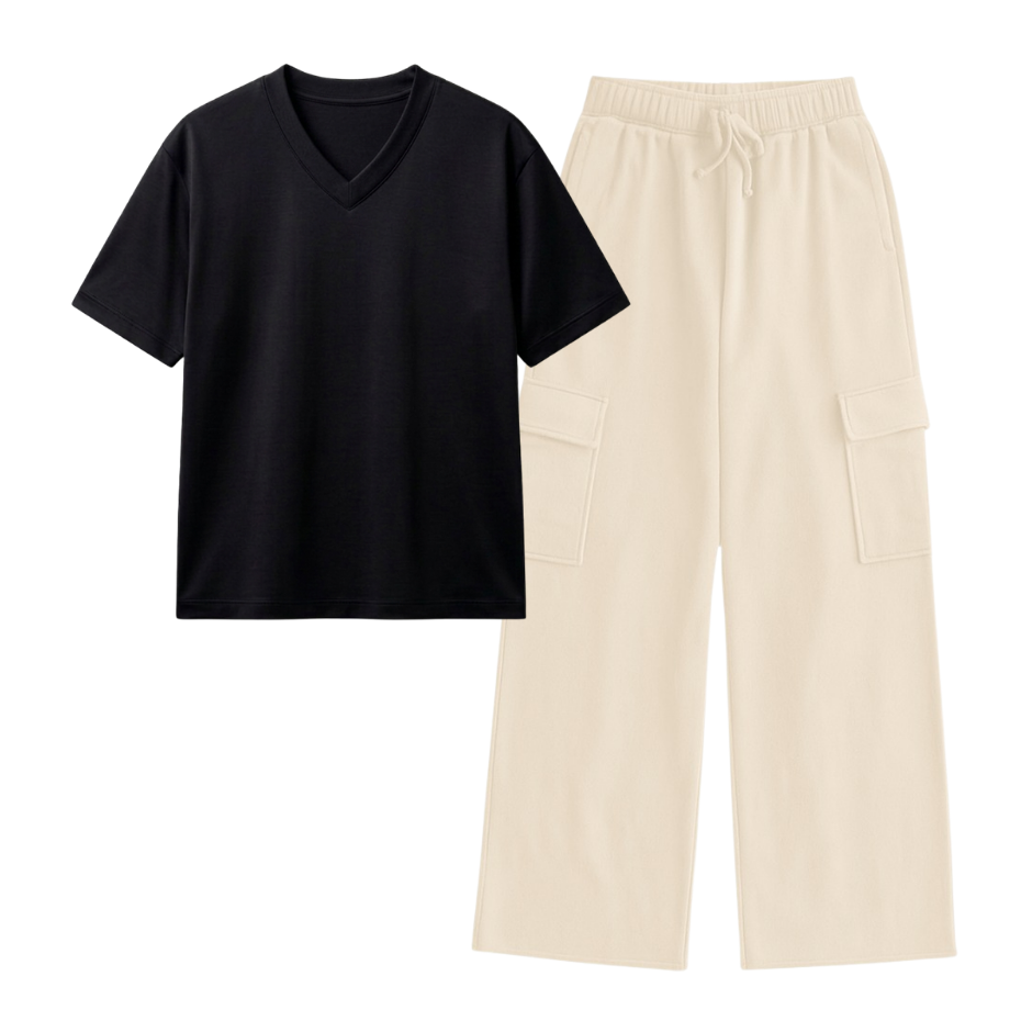 Cream Wide-Leg Cargo With V-Neck T-Shirt
