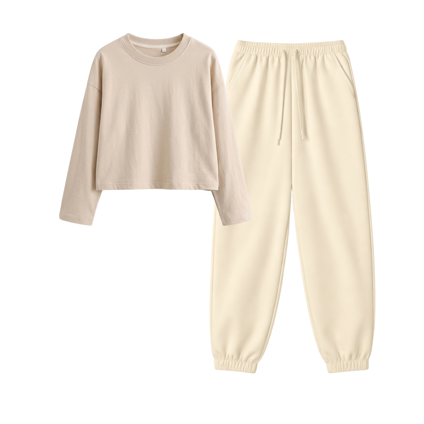 Cream Sweatpant With Crop Full Sleeves T-Shirt