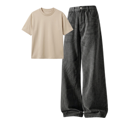 Acid Ash Wide-Leg Baggy Jeans With Regular T-Shirt