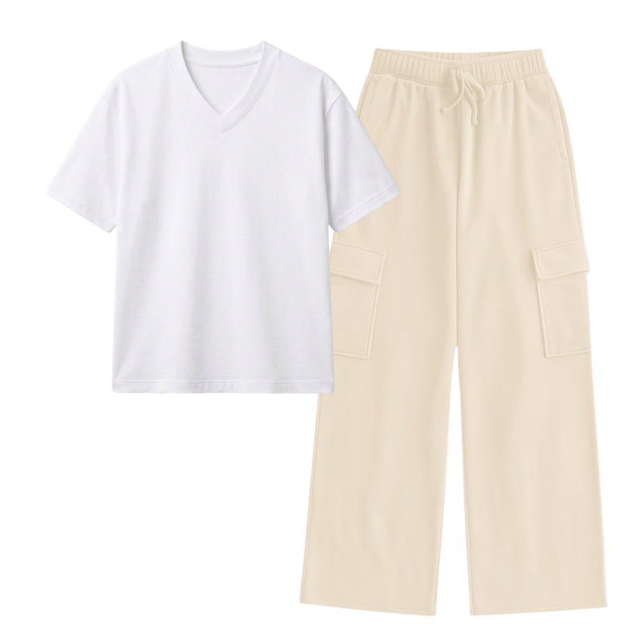 Cream Wide-Leg Cargo With V-Neck T-Shirt