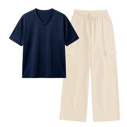 Cream Wide-Leg Cargo With V-Neck T-Shirt