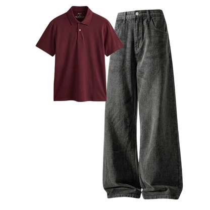 Acid Ash Wide-Leg Baggy Jeans With Polo