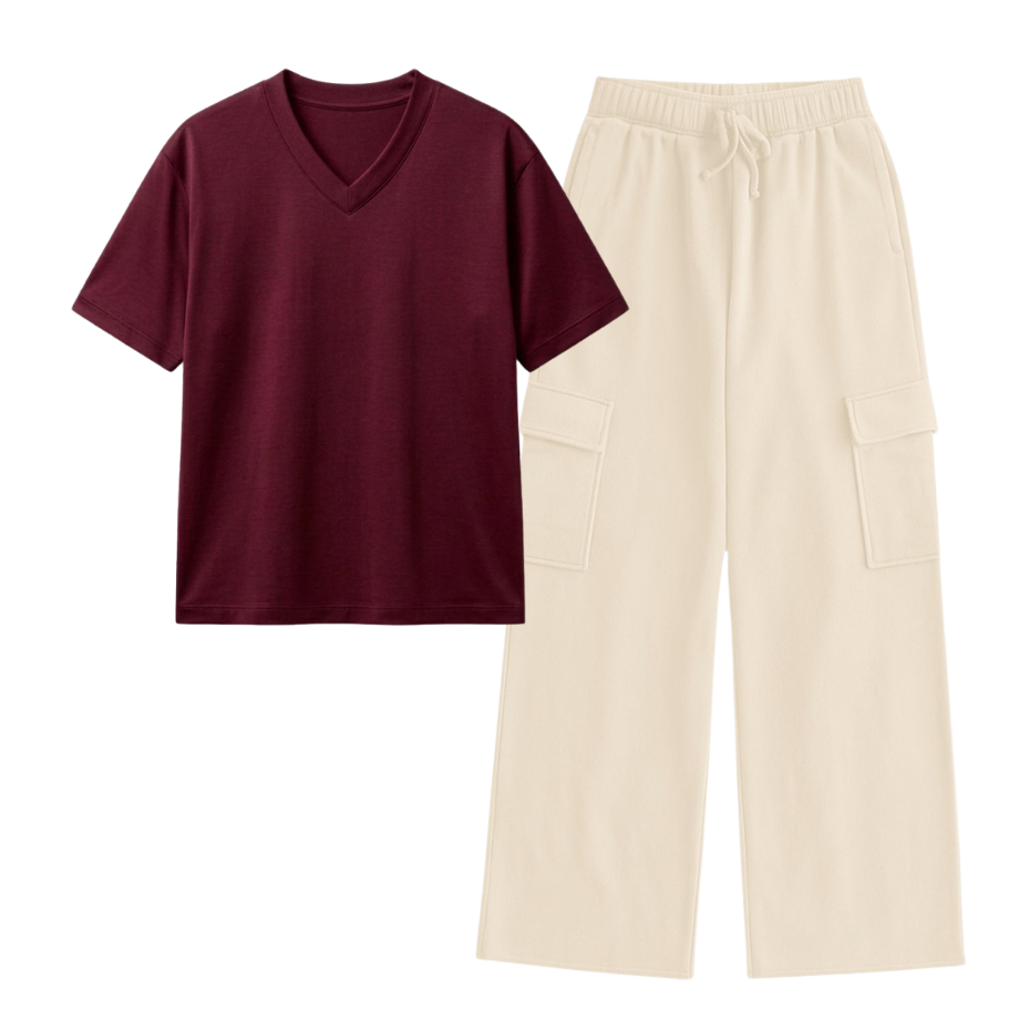 Cream Wide-Leg Cargo With V-Neck T-Shirt