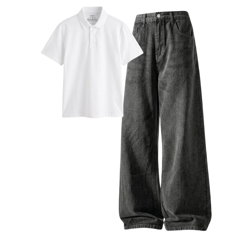 Acid Ash Wide-Leg Baggy Jeans With Polo