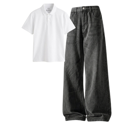 Acid Ash Wide-Leg Baggy Jeans With Polo
