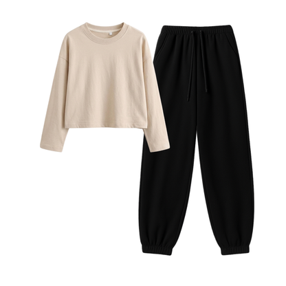 Black Sweatpant With Crop Full Sleeves T-Shirt
