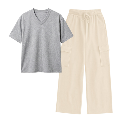 Cream Wide-Leg Cargo With V-Neck T-Shirt