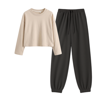 Charcoalgrey Sweatpant With Crop Full Sleeves T-Shirt